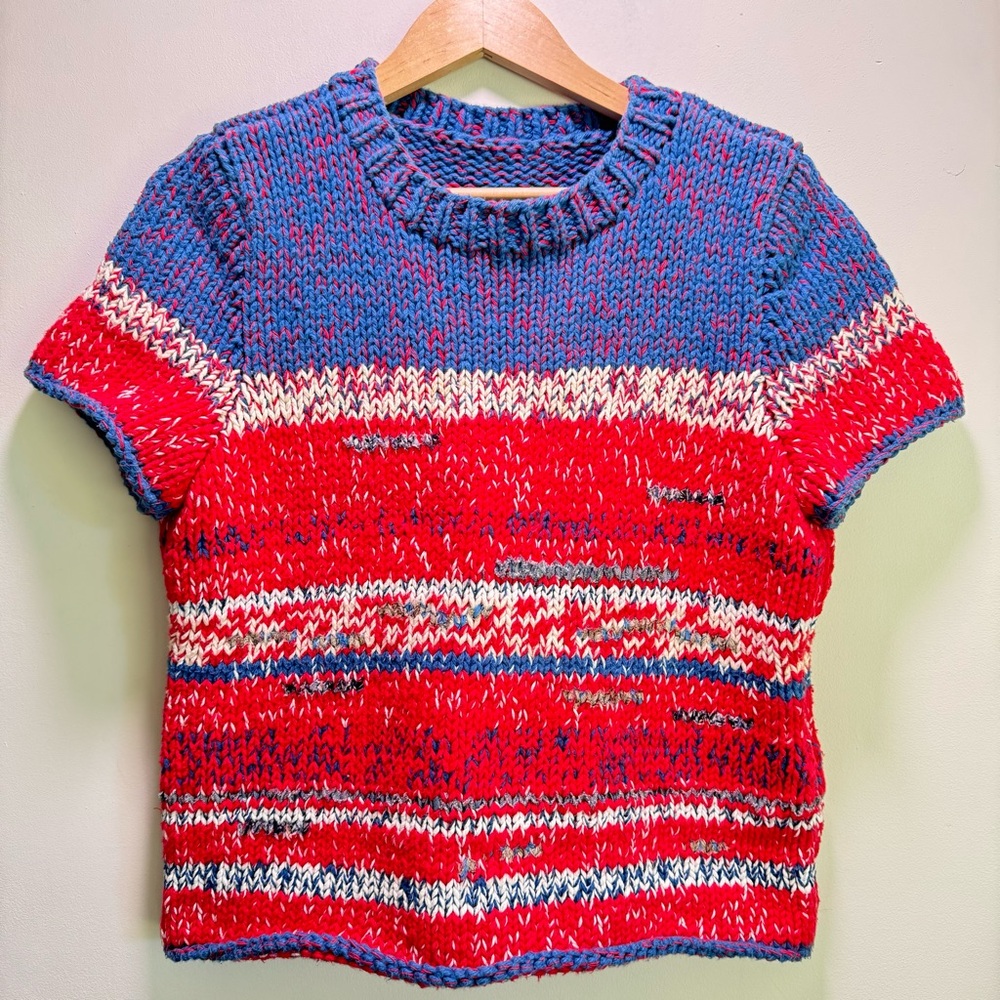Tory Burch Red Mouline Short Sleeve Chunky Knit Sweater Coastal Nantucket Size M